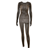 2026 Valentijnsdag doorschijnende naadloze gestreepte jacquard jumpsuit met lange mouwen, sexy zwarte lingerie voor vrouwen, baddie outfit