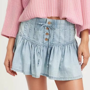 Kadın Retro pileli yarım kısa <span class=keywords><strong>Midi</strong></span> etek yüksek bel yaz rahat seksi Streetwear Denim düğme dekorasyon dokuma dokuma - Product Image 1