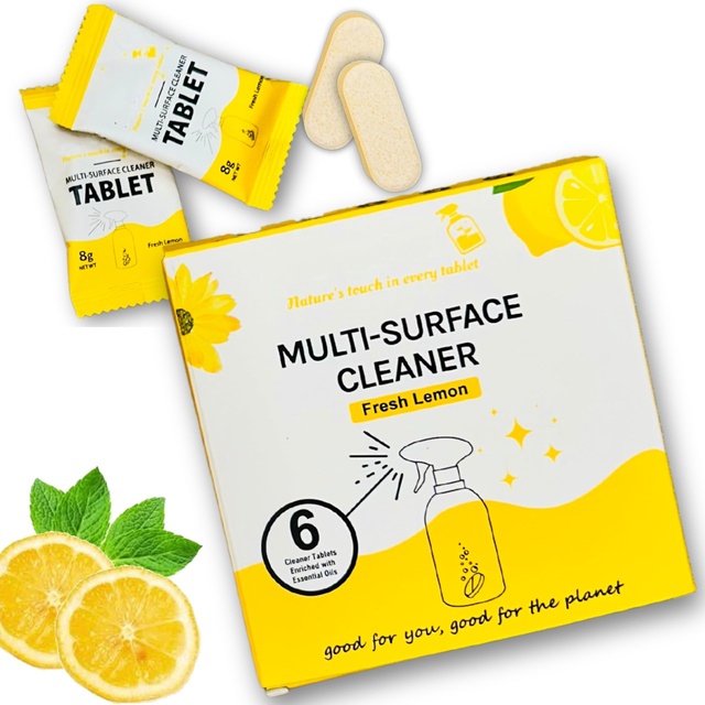 6 Pack Eco-Friendly Biodegradable Fresh Lemon Scent Multi-Purpose Essential Oil-Enhanced Solid Cleaning Tablets