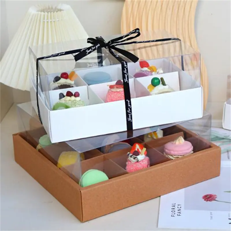 크리 에이 티브 디자인 4 6 9 컵 케이크 상자 투명 크래프트 종이 포장 단단한 상자 엠보싱 광택 라미네이션 식품 학년 선물