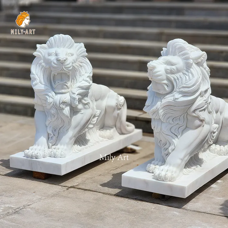 Estatua De León de mármol blanco de tamaño real para exteriores escultura de piedra de ratón abierto a la venta