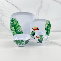 Nouvelle conception, ensemble de vaisselle en mélamine de luxe avec logo personnalisé, motif feuille de printemps et toucan, 16 pièces, assiettes, bols, tasses, ensembles de vaisselle