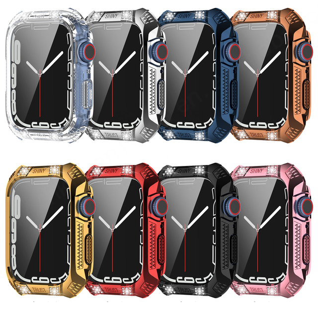 Diamond Belt Drill Tempered Film HUANLONG Apple Watch 7 Watch Case with Bumper Shell Frame 12g for 41/45mm