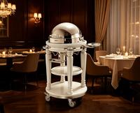 Rollbarer Servierwagen mit Weißem Spiegelstahl und Holzgestell, Runder Buffet-Servierwagen für Hotel und Restaurant mit Rädern