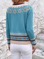 Damen Nordic Teal Blue Fair Isle Jacquard Cardigan, Kontrastbesatz Rundhals-Strickjacke mit Knopfleiste und Geripptem Saum, OEM/ODM