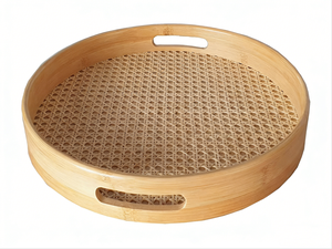 Bandeja Redonda para Servir, Hecha a Mano, de Bambú y Ratán Tejido, con Asas, para Mesa de Centro, Cocina, Decoración del Hogar, Desayuno, Comida y Bebidas - Product Image 1