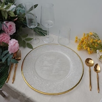 Assiettes de présentation en verre à motif vintage de 13 pouces avec bord doré pour table à manger, fête, mariage