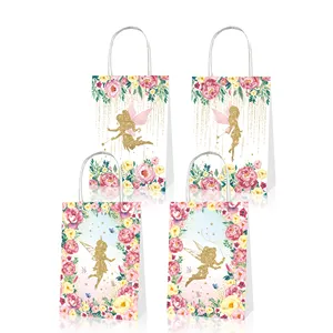 Huancai 12 pcs floral fairy garden gift paper bags with handles goodies candy treat bag for kids girls birthday party supplies