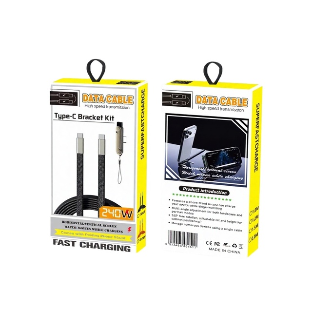 240W Braided Nylon Type-C Cable Built-in Phone Stand 2-in-1 Invisible Holder Fast Charging/Date Transfer Aluminum Alloy Bracket