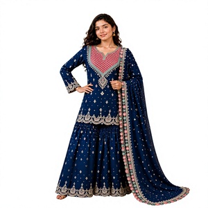 Conjunto de traje Sharara de seda al por mayor con bordado elaborado, yoke en contraste, Gharara acampanada, Dupatta festiva para bodas indias y pakistaníes - Product Image 1