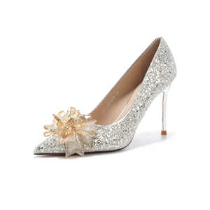 Escarpins de mariée à paillettes, bout pointu, talon aiguille super haut 8 cm, décoration florale, doublure en satin, style uni, tendance mode - Product Image 5