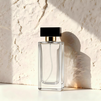 Flacon de parfum carré transparent de 60 ml, 80 ml, 100 ml avec bouchon noir et col doré, emballage de luxe pour parfum, impression sérigraphique