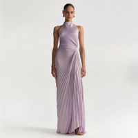 Robe asymétrique plissée en mousseline de soie violette pour femme, sans manches, col halter, détail noué, style décontracté pour soirée, froncée, ODM