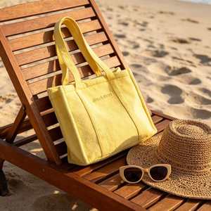 Custom Yellow Terry Cloth Tote Bag Large Capacity Travel Beach Bags Reusable Women Shopping Bags With Embroidery Logo - Product Image 4