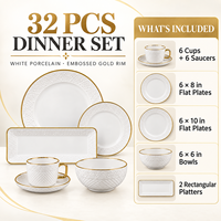 Service de table en céramique blanche à bord doré gaufré, 32 pièces, pour mariage, hôtel et restauration