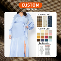 Robe longue en satin bleu clair pour femmes grandes tailles, élégante, col en V, manches longues, effet soie, robe de soirée avec fente haute