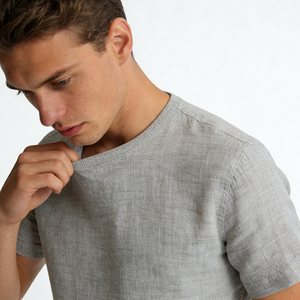 <span class=keywords><strong>T</strong></span>-shirt casual da uomo girocollo grigio chiaro in lino tinta unita, vestibilità comoda, traspirante, ecologica, leggera, per tutti i giorni - Product Image 5