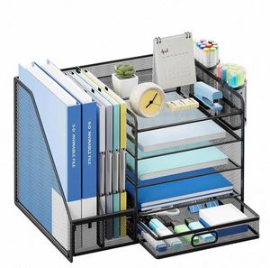 Desk Organiser with <b>Drawer</b> 5-Tier Metal Mesh Office Desk Accessories & Stationery Organiser Desktop Storage Tray - Product Image 3