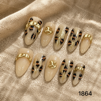 Faux ongles en acrylique faits à la main, motif léopard ambré avec feuilles d'or, pré-dessinés, détachables, forme amande, longueur moyenne, 10 pièces, CE