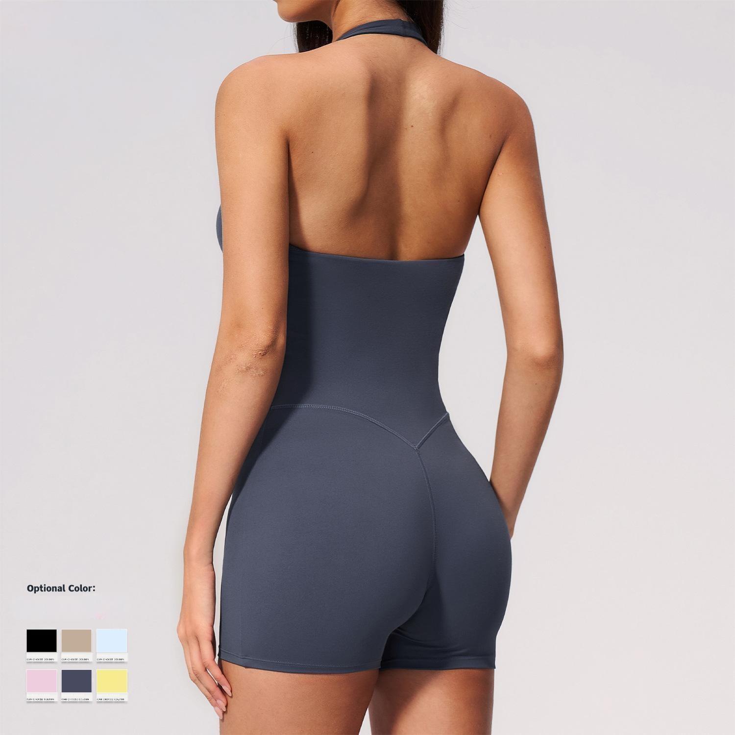 Custom Active Gym Fitness Wear One Piece Sports Bodysuits Jumpsuits Pilates Rompers Back Scrunch Butt Short Length Yoga Pilates