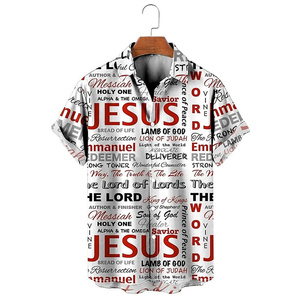 Camisa de Manga Corta con Botones y Estampado de Nombres de Dios de Jesucristo, Moda Verano <span class=keywords><strong>para</strong></span> Hombre, Estilo Casual Cristiano, Venta al Por Mayor - Product Image 1