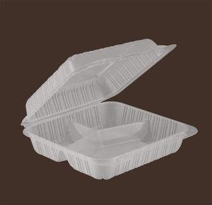 Tiya 8in 3-Compartment white MFPP <b>Food</b> Clamshell <b>Containers</b> with Hinged Lid, Microwave Safe <b>Disposable</b> Takeout Packaging - Product Image 6