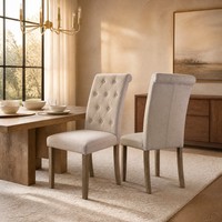 Chaise de salle à manger capitonnée beige avec dossier boutonné et pieds en bois pour salon et cuisine, vente en gros, directement de l'usine