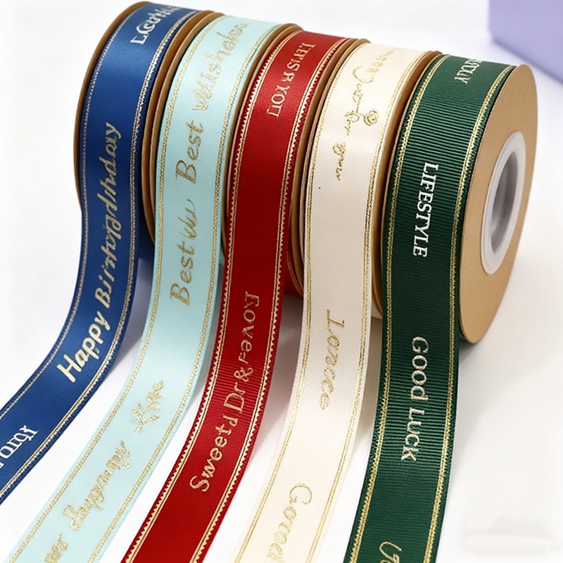 Customized Gold Foiled Logo Ribbon with Natural Webbing for Gift Wrapping-Custom Printed Branded Packaging
