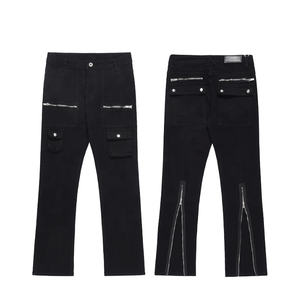 Pantalones Cargo de Punto Rectos Estilo Vintage con Cremallera, Logotipo Impreso DTG Personalizado, Bolsillos, Lavado Negro, Casual para Hombre - Product Image 1