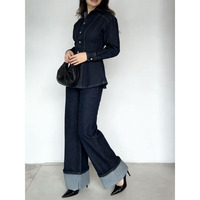 Ensemble en jean 2 pièces décontracté pour femme, motif uni, chemise à manches longues à col rabattu avec décoration boutonnée, convient à la saison printanière