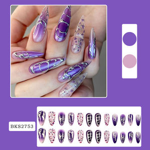 24 piezas de <span class=keywords><strong>uñas</strong></span> a presión de almendra púrpura y plata gótica con <span class=keywords><strong>flores</strong></span> <span class=keywords><strong>secas</strong></span> y diseños de líneas abstractas - Product Image 2