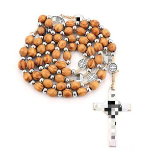Collar de Rosario de Madera Natural, Cuentas Redondas Marrones, Colgante de Cruz, Joyería Unisex, Origen Yiwu - Product Image 5