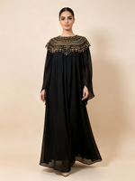 Élégante Cape Abaya Dorée à Paillettes et Perles en Polyester, Kaftan Long Ample en Mousseline Anti-Plis pour Mariage et Soirée d'Automne