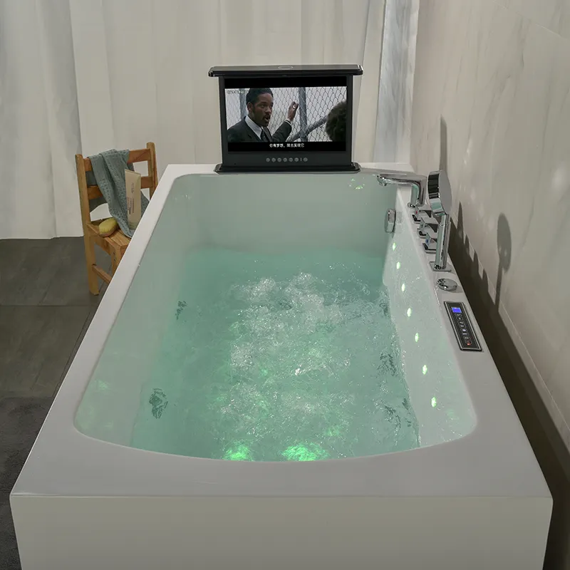 Bañera acrílica para masaje de remojo independiente, bañera grande de lujo para baño, bañera de hidromasaje con TV elevada