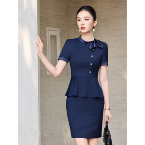 Women Peplum Suit Skirt Blue Workwear Business Office Wear With Bow Neckline Anti-Wrinkle Woven Fabric - Product Image 2