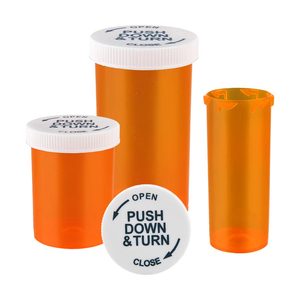 6DR to 60DR Amber Plastic ScriptPro Empty Push Down and Turn Vials with Child Resistant Cap