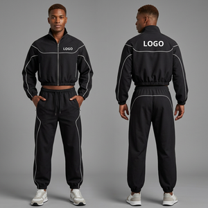 Conjunto Deportivo Negro para Hombre, Chaqueta con Cierre Completo y Cuello Alto, Bolsillos Laterales, Corte Regular, Estilo Deportivo Otoñal, 100% Poliéster, Ropa Deportiva Informal - Product Image 1
