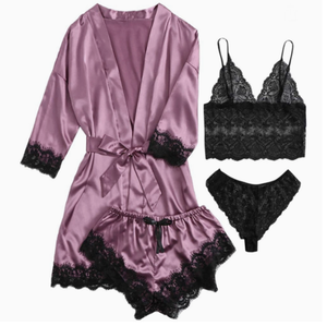 Completo Set Lingerie Sexy in Pizzo da Donna 4 Pezzi - Pigiama a Maniche Lunghe - Product Image 1