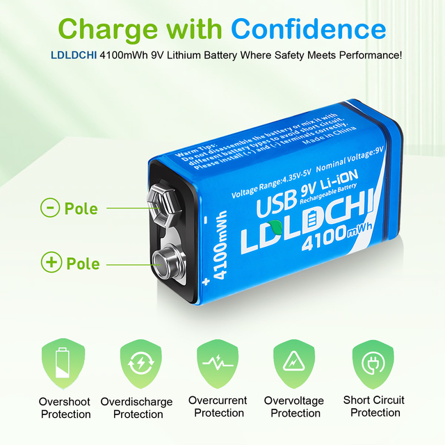 Rechargeable 9V Lithium Battery 1100mAh 4100mWh Type-C USB Charging 6F22 PP3 Li-ion Battery for Smoke Alarm Guitar Pedal Mic