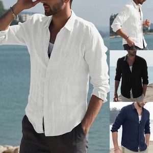 Camisa de Lino y Algodón de Lujo para Hombre, Estilo Retro con Cuello Alto, Cardigan Casual de Manga Larga, Transpirable y Antiencogimiento para Primavera - Product Image 3