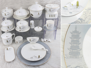Juego de vajilla chino con impresión de la Pagoda del Lago Oeste, decoración con borde dorado a mano, vajilla de lujo para hotel, banquete de boda, restaurante - Product Image 2