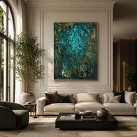 Peinture murale abstraite dorée texturée vert émeraude faite à la main, art mural moderne sur toile turquoise pour la décoration du salon