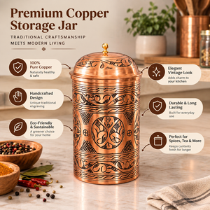 Handcrafted Copper <b>Spice</b> <b>Jar</b> With Oriental Engraving Airtight Lid Cylinder Shape Kitchen Storage Container - Product Image 1