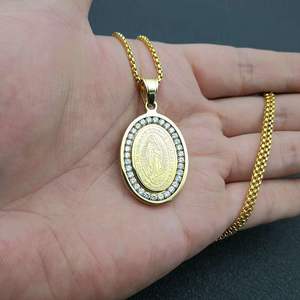 Set baja tahan karat berlapis emas 18K zirkon religius Guadalupe perhiasan kalung liontin perawan Mary untuk pria wanita - Product Image 6
