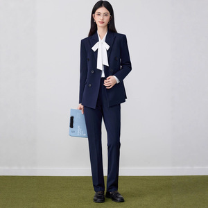 Women's Suit Set Navy Blue Double Breasted Blazer Pants Anti-Wrinkle Office Lady Autumn Formal Wear - Product Image 3