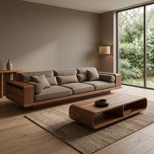 Sofá Minimalista de Tres Plazas en Madera de Teca con Reposabrazos Curvos, Ecológico y Duradero, Diseño Moderno de Perfil Bajo para Sala de Estar - Product Image 2