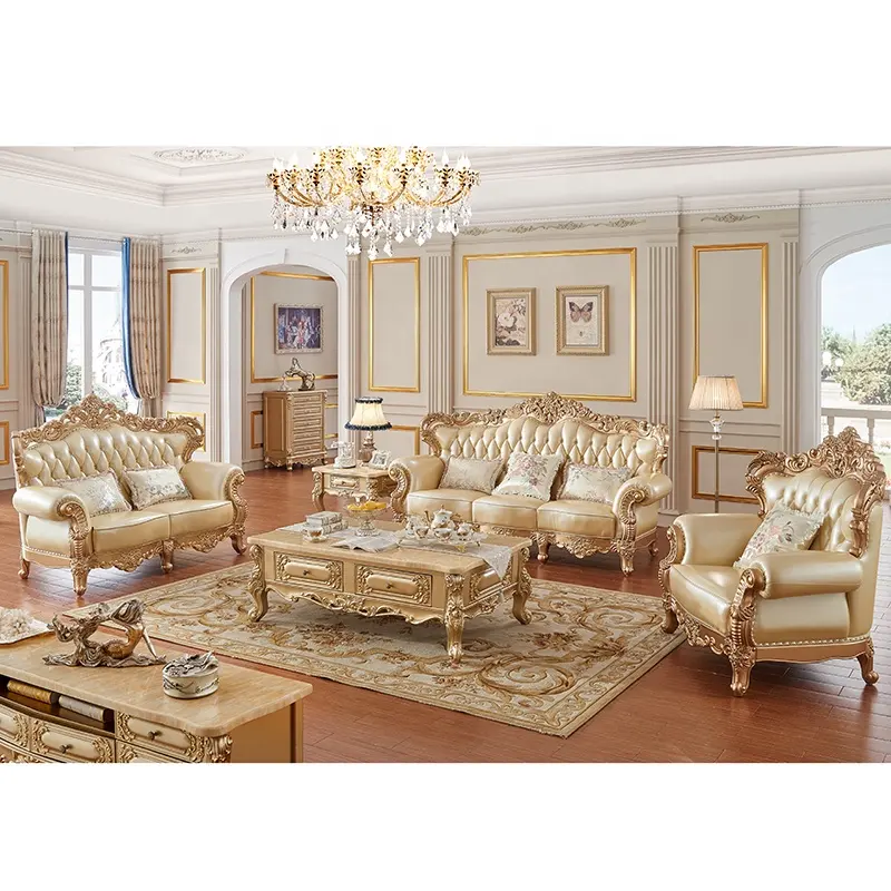 Set Sofa Kulit Asli Klasik Gaya Eropa, Sofa Antik Desain Baru
