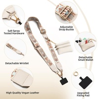 Tali Leher Ponsel Selempang Nilon yang Dapat Disesuaikan dengan Kantong Dompet Beritsleting Motif Bunga Leopard Ungu Clip Go