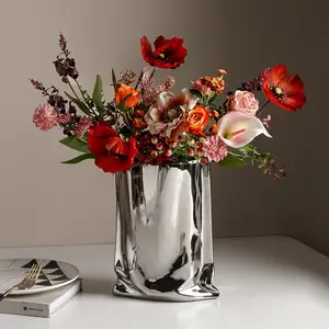 Morandi花瓶干花装饰创意电镀银色花卉图案房间花器软装饰陶瓷花瓶