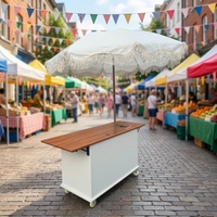 Chariot de présentation de desserts pliable mobile avec parasol, chariot de service en bois pour friandises, idéal pour mariages, fêtes, cafés, boulangeries et traiteurs